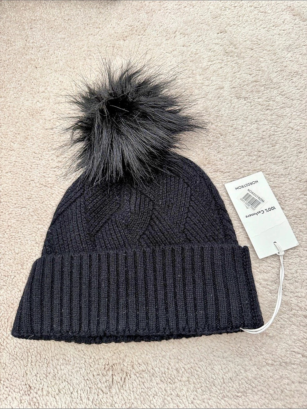 Nordstrom Cashmere Rib Beanie with Pom Black